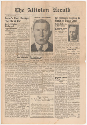 2001-50 Alliston Herald report the death of Sir Frederick Banting.