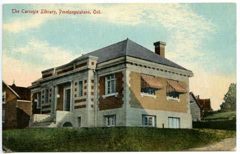 Postcard featuring The Carnegie Library, Penetanguishene, ON, ca. 1904-1915
Simcoe County Archives.