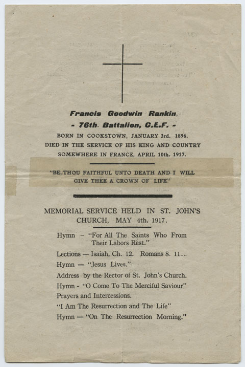 969-42 R. Graham Estate collection - Order of Service in Memory of Francis Goodwin Rankin.