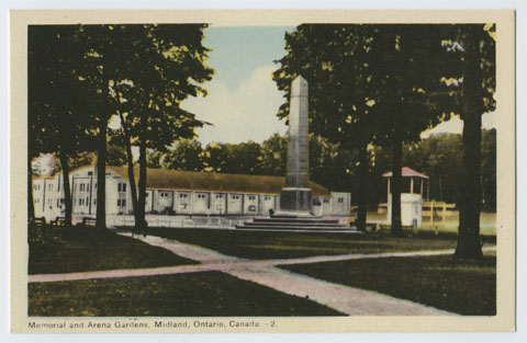 976-26 Memorial and Arena Gardens, Midland, Ontario, Canada postcard.