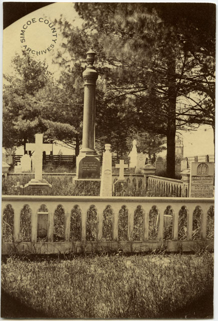 968-40  Headstones in the churchyard at the First Anglican Church in Barrie, ca. 1876. ​
From the Livingstone collection. 