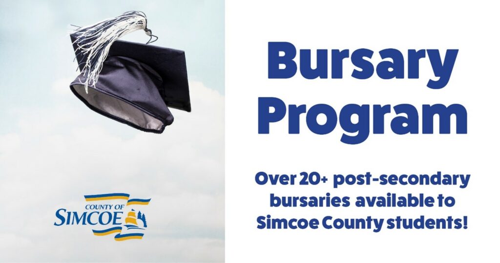 A graduation cap. The text reads: "Bursary Program: Over twenty post-secondary bursaries available to Simcoe County students"